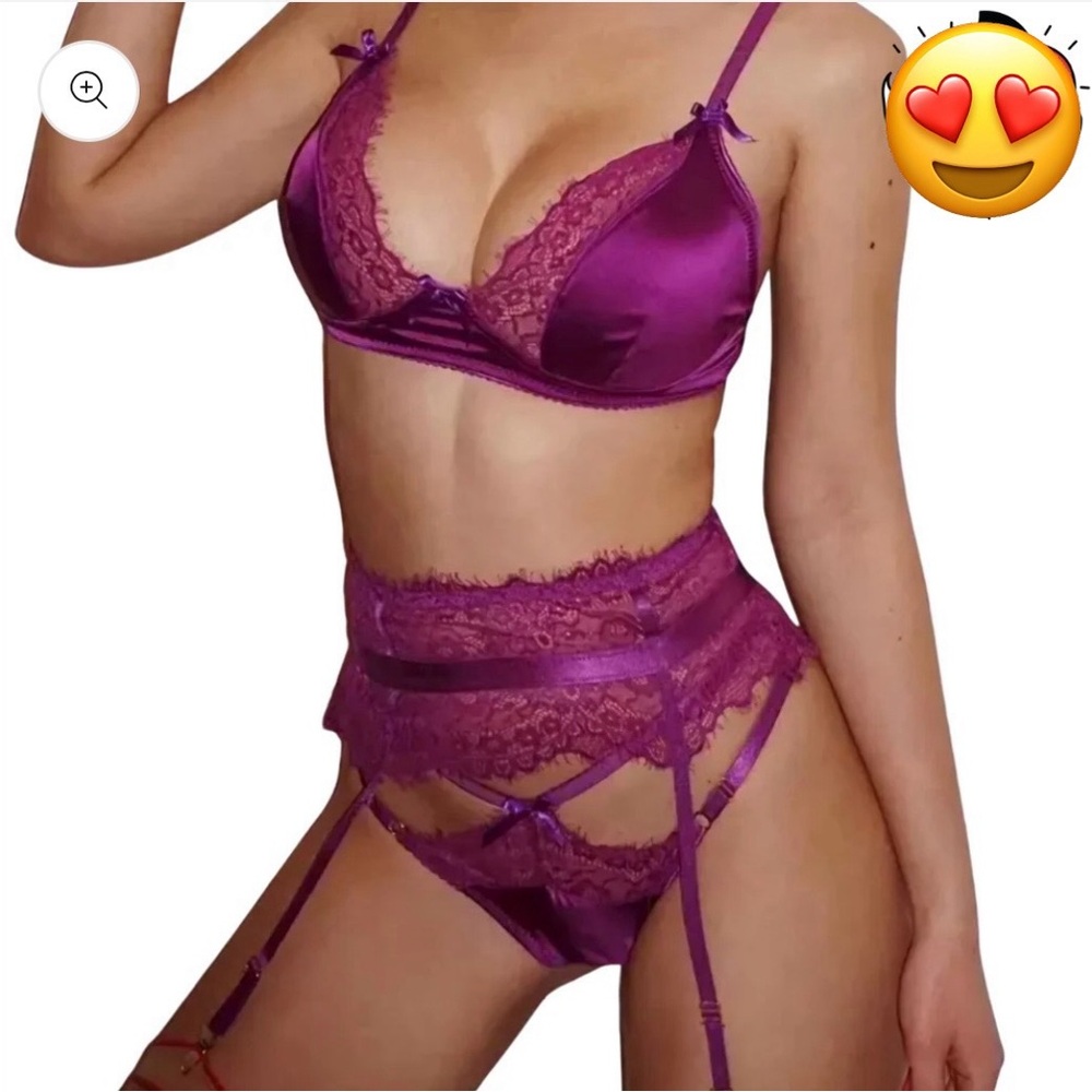 Empress Lingerie Purple Lace & Satin Three-Piece Set with Choker - Picture 2 of 7